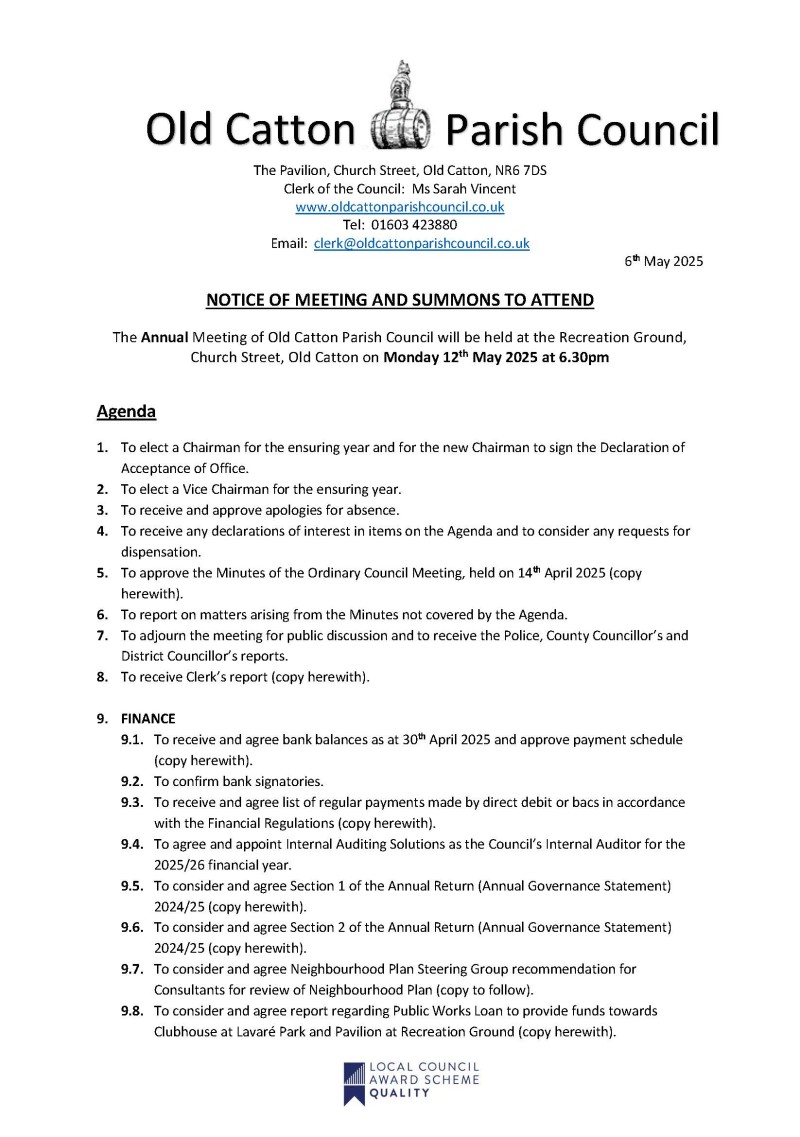 Annual Meeting of Old Catton Parish Council 12th May 2025