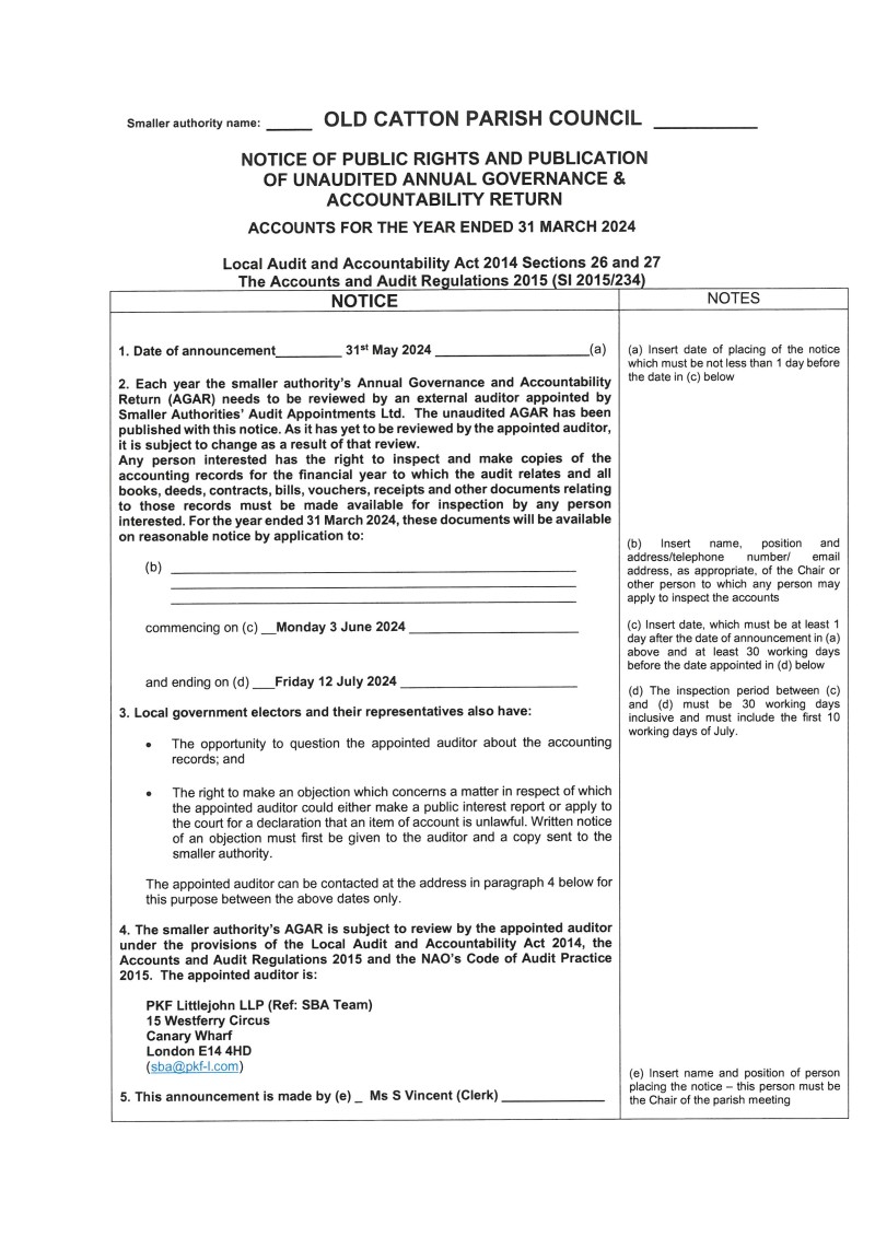 Notice of Public Rights and Publication of Unaudited Annual Governance & Accountability Return 2023/24