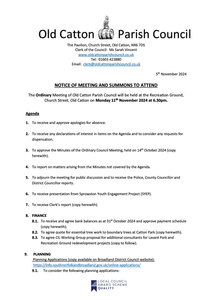 Ordinary Meeting of Old Catton Parish Council 11th November 2024