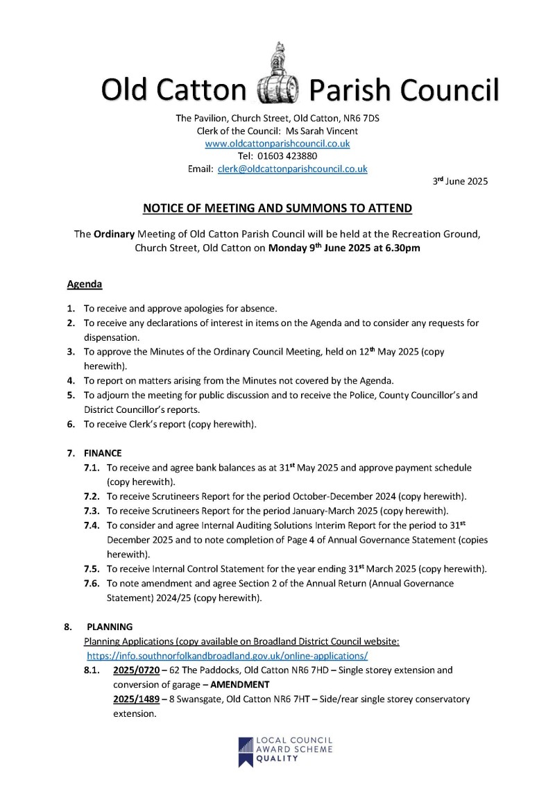 Ordinary Meeting of Old Catton Parish Council 9th June 2025