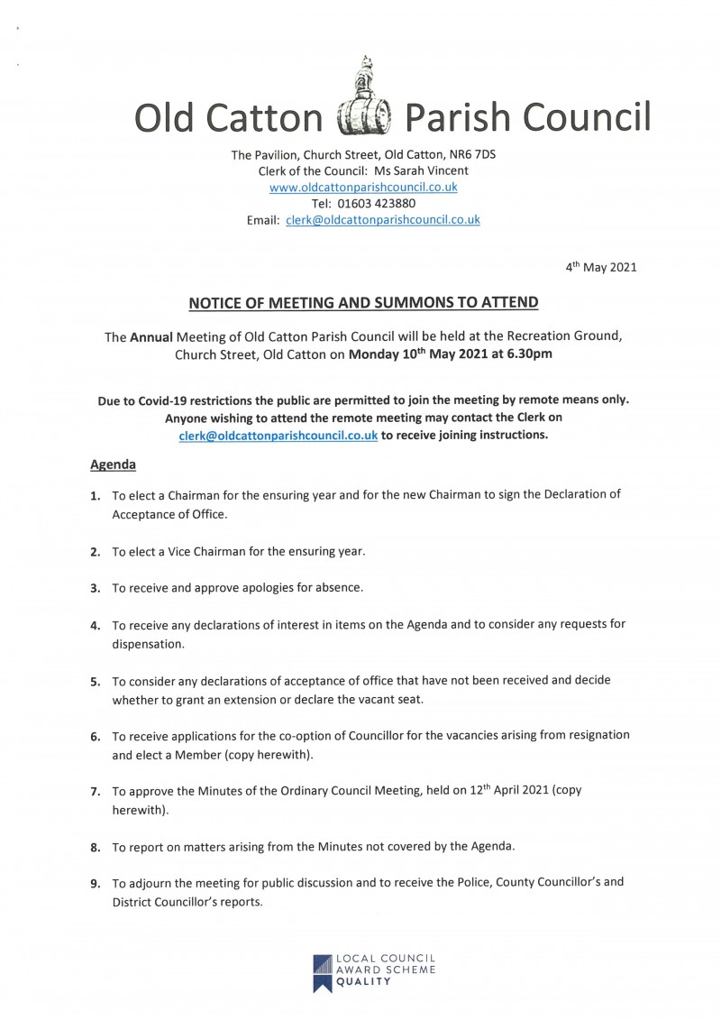 Annual Meeting of Old Catton Parish Council 10th May 2021