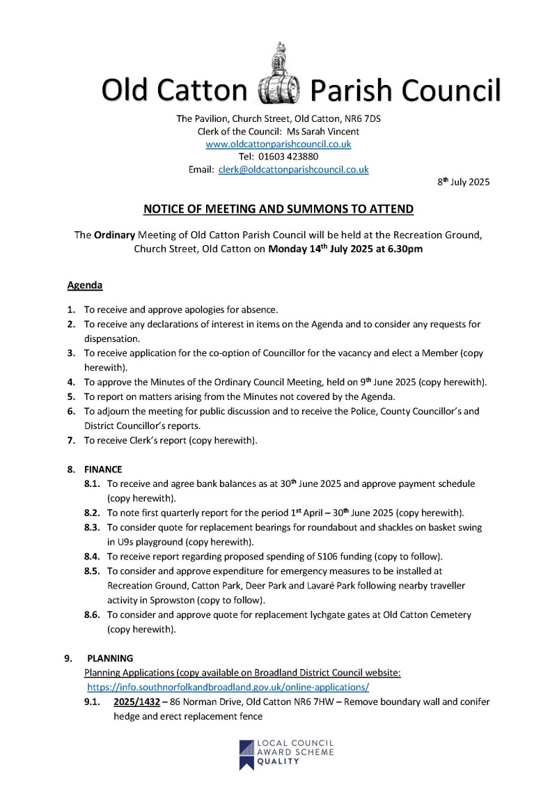 Ordinary Meeting of Old Catton Parish Council 14th July 2025