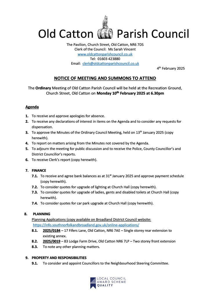 Ordinary Meeting of Old Catton Parish Council 10th February 2025