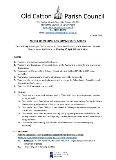 Ordinary Meeting of Old Catton Parish Council 14th April 2025