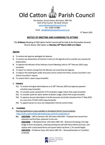 Ordinary Meeting of Old Catton Parish Council 10th March 2025